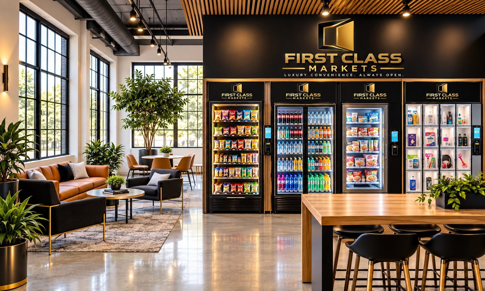 First Class Markets smart retail in a modern workplace lounge